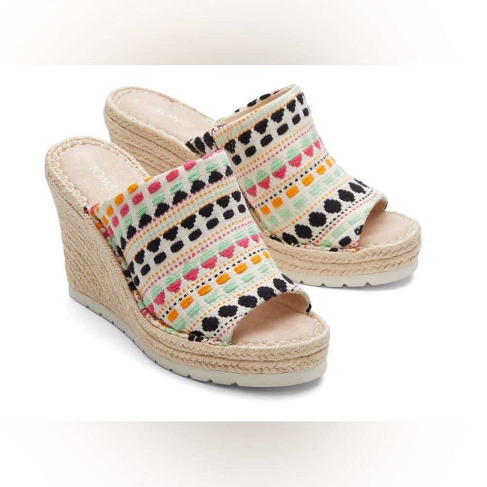 Toms Monica Mule Embroidered BOHO Espadrilles US 9.5 Striped Wedges Sandals